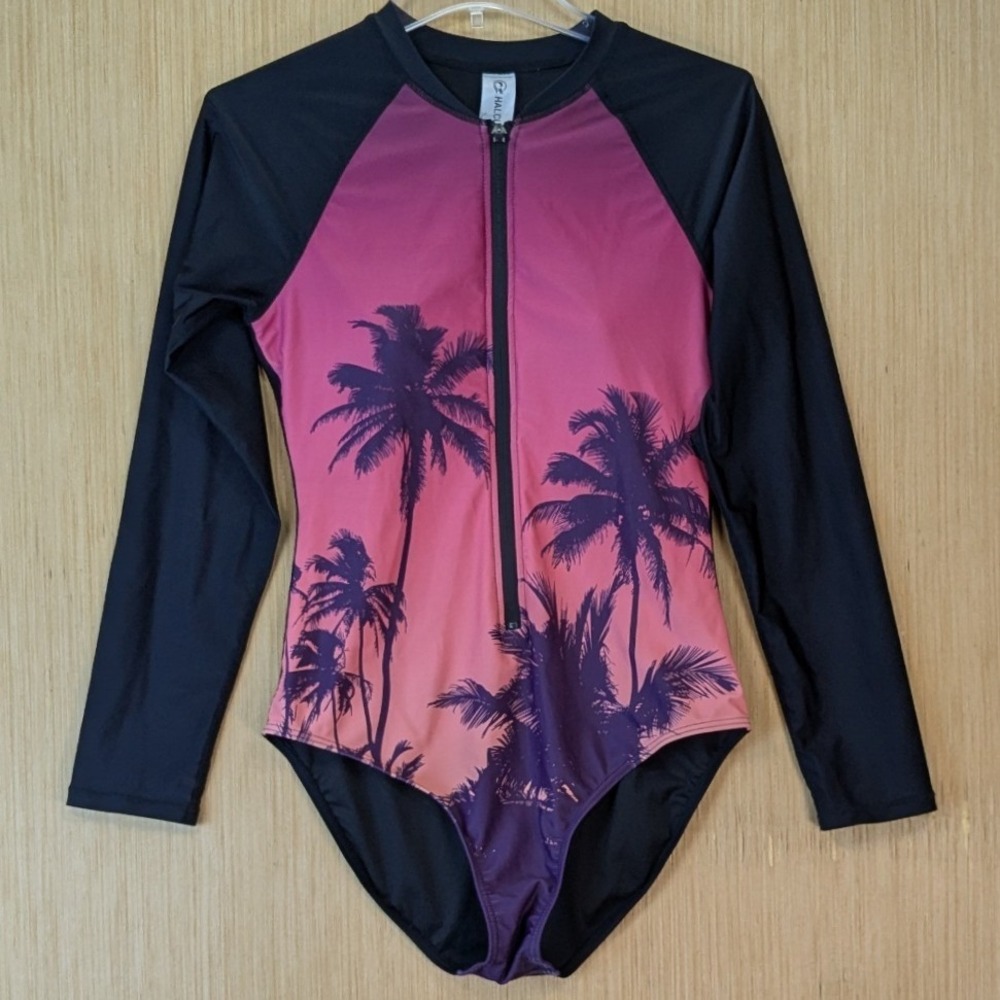 Halcurt Womens Long Sleeve Rash Guard One Piece Swimsuit Palm Tree Sunset Medium